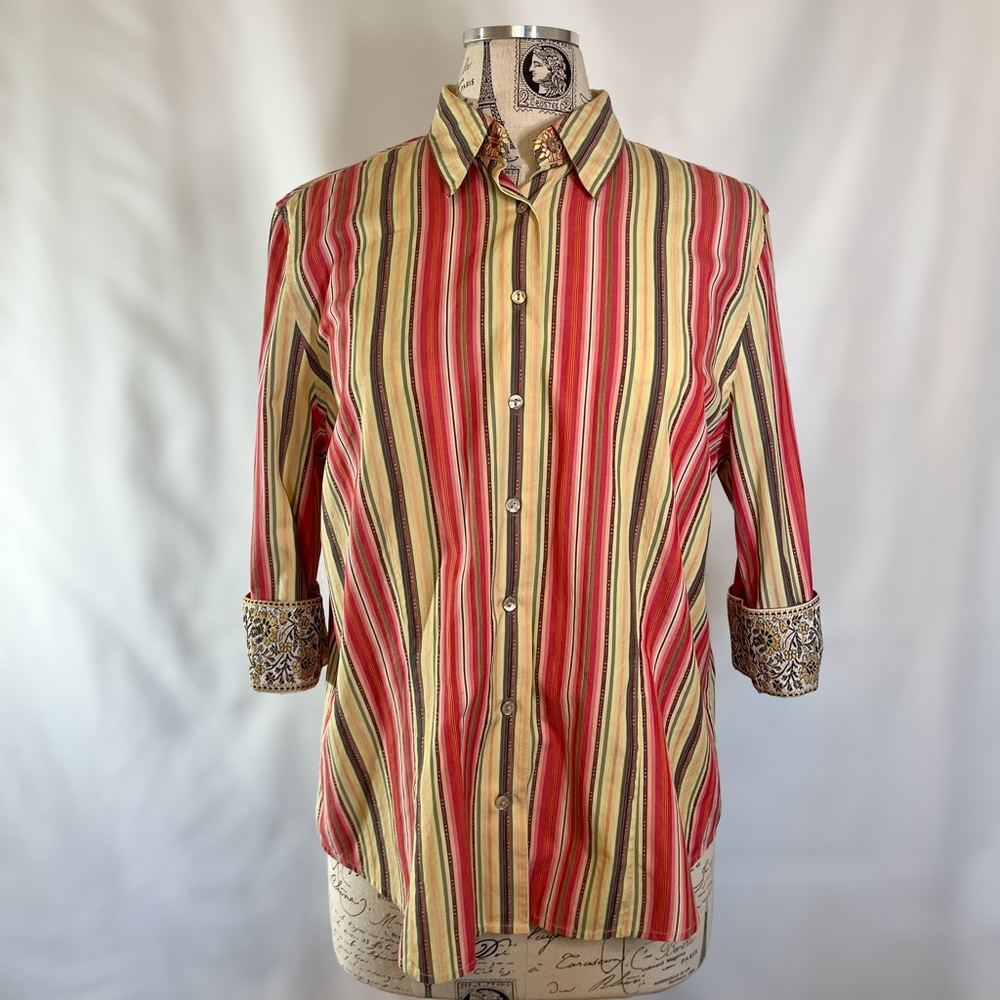 Robert Graham Vintage Striped Cotton Pink Women’s 3/4 Sleeve Button Down